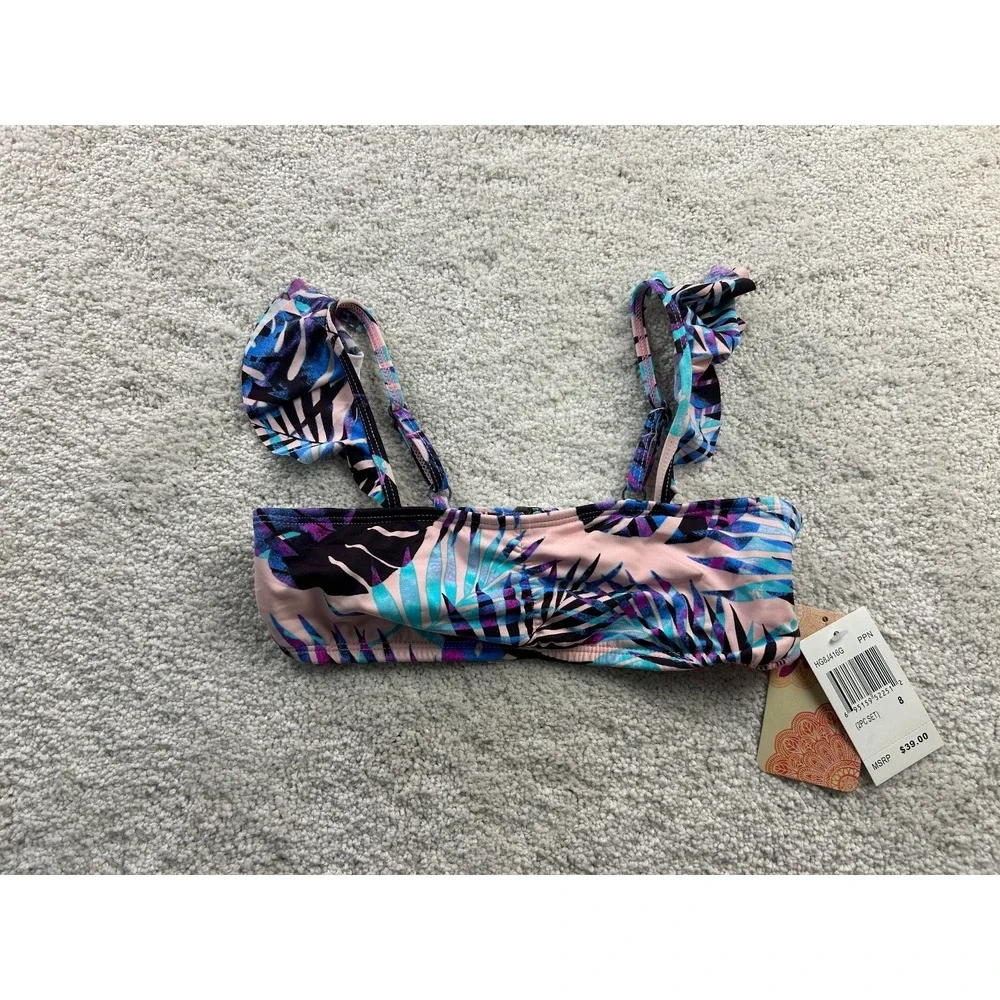 Hobie Girls Swimwear Top Size 8 Pink Blue Tropical‎ Print Ruffle Strap
